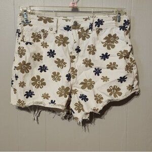 Khaki + Blue White Floral Shorts High Rise Raw Edge Rigid‎ Denim Size 9 29 A463